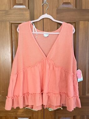 ARULA Peach Crochet & Gauze Tiered Tank Top